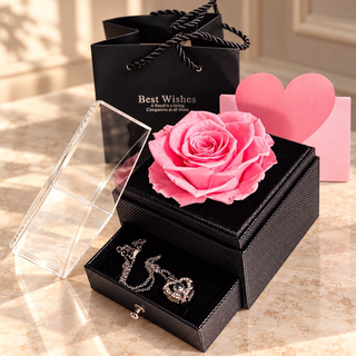 Set cadou trandafir criogenat roz cu lantisor