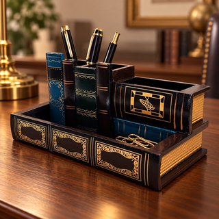 Organizator vintage pentru birou din lemn cu compartimente pentru accesorii