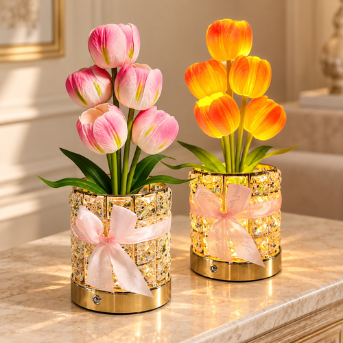 Lampă decorativă cadou pentru femei cu buchet de lalele roz in vaza de cristal