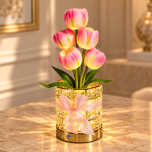 Lampa decorativa cu buchet de lalele in vaza de cristal