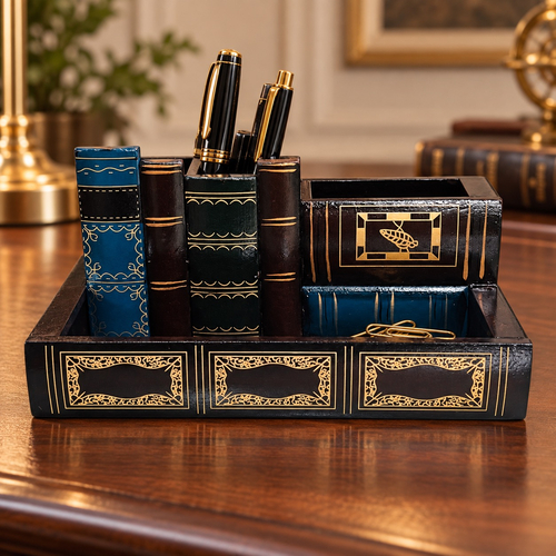 Organizator de birou din lemn, cu design de carti vintage si compartimente pentru accesorii