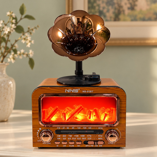 Radio retro tip gramofon cu lampa bluetooth efect semineu