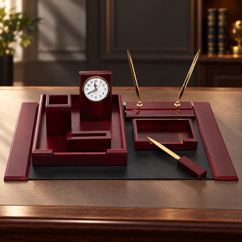 Set de birou Le Marquis din lemn masiv bordo,cu ceas, doua pixuri aurii si accesorii asortate