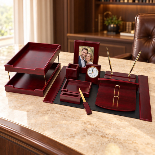 Set de birou Prestige din lemn bordo, 10 piese, ceas rama foto si accesorii